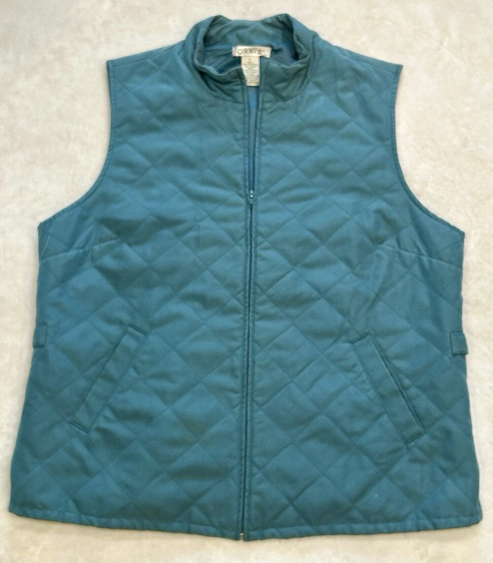 Orvis Women’s Quilted Vest Size L Teal Blue Full Zip Adjustable Side Tabs